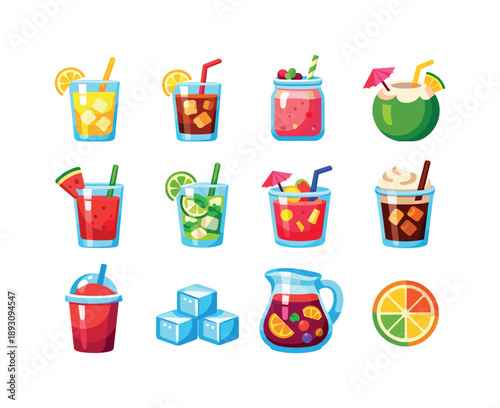 Colorful Summer Drinks. Summer drinks. Colorful flat vector icons set of summer drinks: lemonade glass, iced tea cup, smoothie jar, coconut drink, watermelon