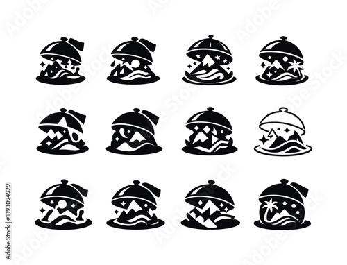 Immersive Dining Icons. Food as an experience and immersive dining. Icon set. Set Logo of food as an experience and immersive dining: cloche