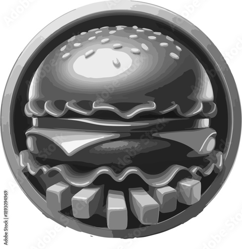 Charming 3D Food Icon A Juicy Hamburger with Fresh Vegetables and Sauce, Artistically Combined with Perfectly Cooked French Fries for Snack Ads