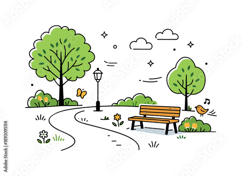 Spring Park Tranquility. Spring park scene. Trees with fresh leaves, a simple path and a bench, relaxed everyday landscape suggesting calm walks and seasonal