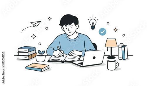 Serene Study Space. People studying at home. A person sitting at a tidy desk with books, a laptop, and soft lighting, showing quiet focus and self-paced