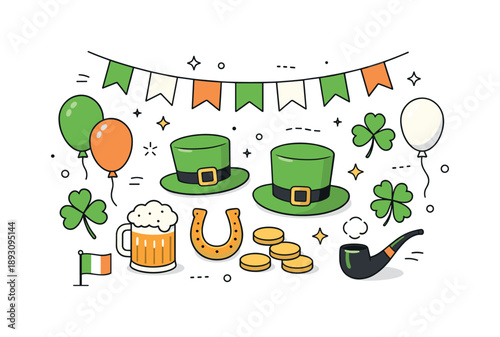 St. Patrick's Festivity Elements. St. Patrick?s Day party elements. A tidy composition of hats, clovers, flags, and balloons laid out decoratively. The scene