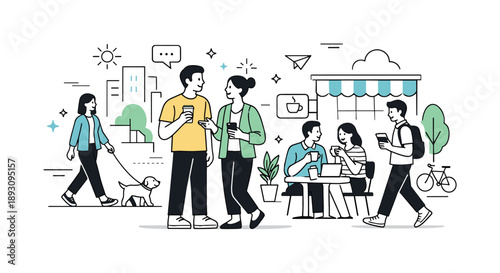 Modern Urban Harmony. Modern urban lifestyle. People enjoying daily routines in the city, walking, chatting and pausing for coffee, clean architecture hints