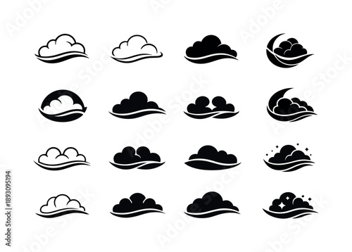 Sleep Sound Icons. Relaxing sounds for sleep. Icon set. Set Logo of relaxing sounds for sleep: drifting cloud curve. harmonious logo variations of the same