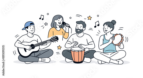 Joyful Music Jam. Music jam session energy. Group enjoying the music together with relaxed smiles and movement. Joy, expression and shared creative moment.