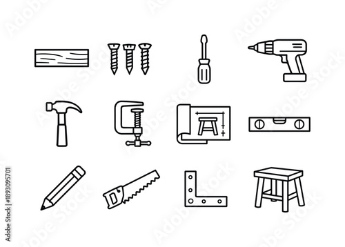 Furniture Assembly Icons. Building simple furniture. Line icon set of building simple furniture: wood plank, screws, screwdriver, drill, hammer, clamp,