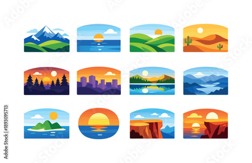Colorful Horizon Icons. Horizon Views. Colorful flat vector icons set of Horizon Views: distant mountains, ocean line, rolling hills, desert dunes, forest