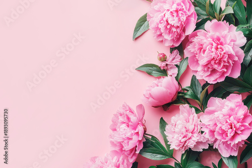 Pink peony flowers arranged on a soft pink background with green leaves, floral composition