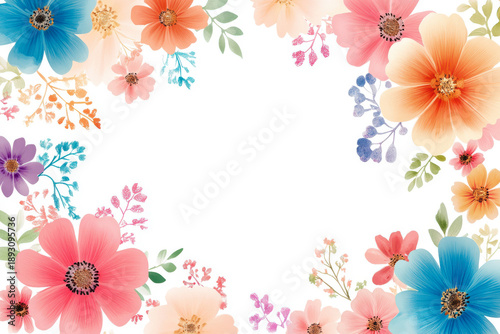 Colorful floral border illustration with various flowers and leaves on a white background
