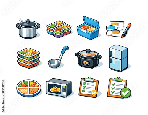 Batch Cooking Icons. Batch cooking. Colorful isometric vector icons set of batch cooking: large cooking pot, multiple meal containers, freezer storage box,