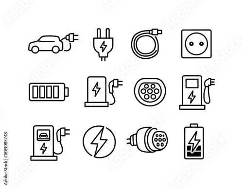 Charging Station Icons. Charging Stations. Line icon set of Charging Stations: electric car charging, charging plug, charging cable, power socket, battery