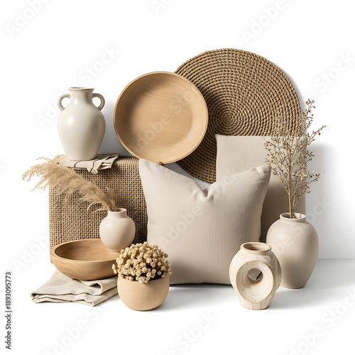 Wallpaper Mural A curated collection of neutral-toned home decor items including ceramic vases, wooden bowls, textured pillows, and dried botanicals, arranged artfully. Torontodigital.ca