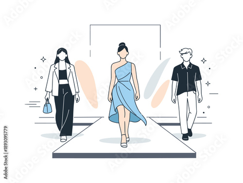 Minimalist Fashion Runway. Runway fashion show. Models walking down a minimalist runway, showcasing modern clothing designs with soft abstract spotlight