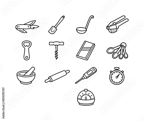 Essential Kitchen Icons. Essential Kitchen Gadgets. Line icon set of Essential Kitchen Gadgets: multifunction knife, silicone spatula, ladle, garlic press,