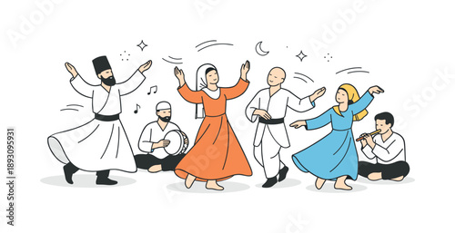 Spiritual Dance Unity. Religious influence on music and dance. A group of people performing traditional dance movements inspired by spiritual rituals, calm