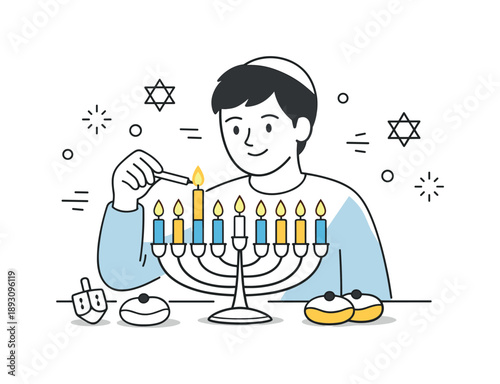 Hanukkah Candle Lighting. Celebrating Hanukkah with light. A person smiling softly while lighting a menorah, candles glowing evenly. Peaceful