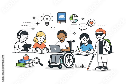 Inclusive Learning Environment. Inclusive education concept. Students with different abilities learn together using books, tablets, and assistive tools.