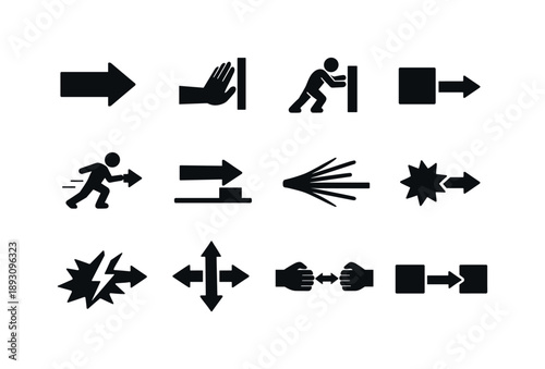 Push Force Icons. Push force. Solid icon set of Push force: force arrow, applied pressure hand, pushing vector, resistance block, motion start, force diagram