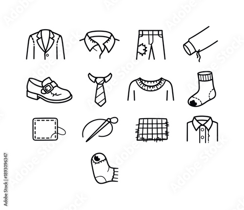 Worn School Uniform Icons. Worn-out school uniforms. Line icon set of worn-out school uniforms: faded blazer seams, torn collar edge, worn-out knee tear, loose