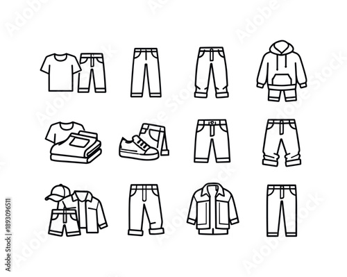 Casual Denim Icons. Casual Denim Outfit. Line icon set of Casual Denim Outfit: jeans and t shirt combo, casual street jeans, relaxed fit denim, everyday jeans