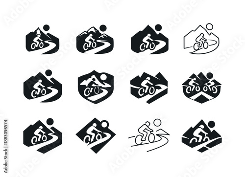 Biking Logo Variations. Biking. Icon set. Set Logo of biking: trail path marker. harmonious logo variations of the same emblematic concept, each with different