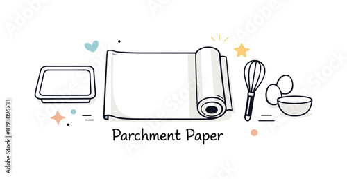 Minimalist Baking Essentials. Baking essentials. Parchment paper shown with simple baking tools like a tray outline or whisk icon. Neutral tones, clarity, and