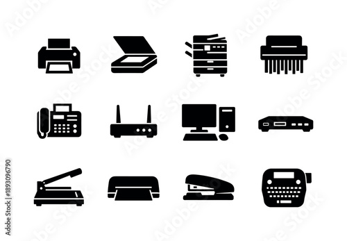 Office Equipment Icons. Office equipment. Solid icon set of office equipment: printer icon, scanner device, copier machine, shredder bin, fax machine, network