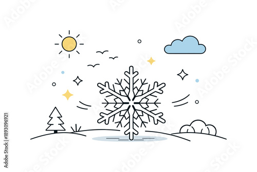 Last Snowflake Elegance. Last snowflake concepts. Minimal nature scene showing the final snowflake against a clear background, symbol of seasonal change and