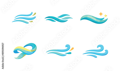 Colorful Breeze Icons. Breeze effect. Isometric flat vector icons set of Breeze effect: light wind curves, gentle airflow lines, floating breeze wave, airy