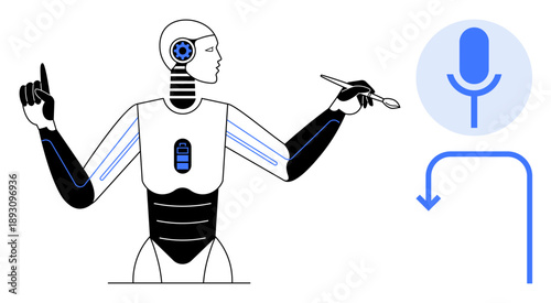 Voice recognition, futuristic technology, automation, AI development, human-robot interaction, creative tools. Robot with built-in tools pointing to a microphone. Voice recognition and futuristic