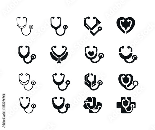 Doctor's Logo Icons. Doctor's. Icon set. Set Logo of doctor's: stethoscope. harmonious logo variations of the same emblematic concept, each with different