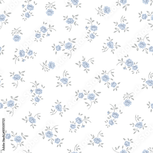 Floral pattern with flowers small rose and leaves botanical of pastels color blue and grey vector seamless millefleurs illustration