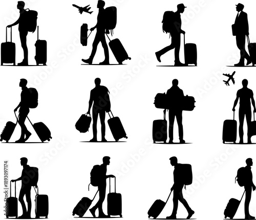 Black and White Silhouettes of People Carrying Luggage and Backpacks During Travel and Transit Journe