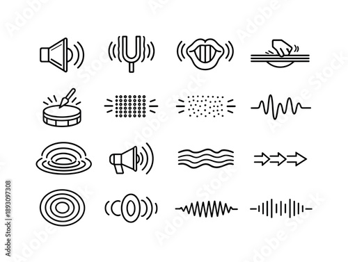 Sound Wave Icons. Sound Wave Creation. Line icon set of Sound Wave Creation: vibrating speaker cone, tuning fork vibration, vocal cords vibration, plucked