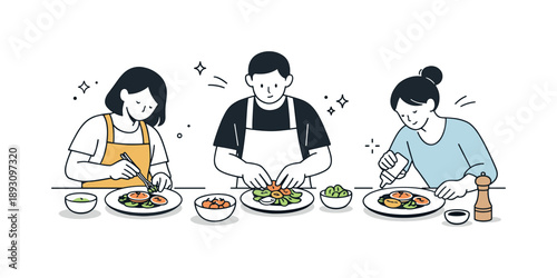 Mindful Food Preparation. People plating food. A calm kitchen scene with people carefully arranging food on plates, focused hands, clean surfaces, and a sense