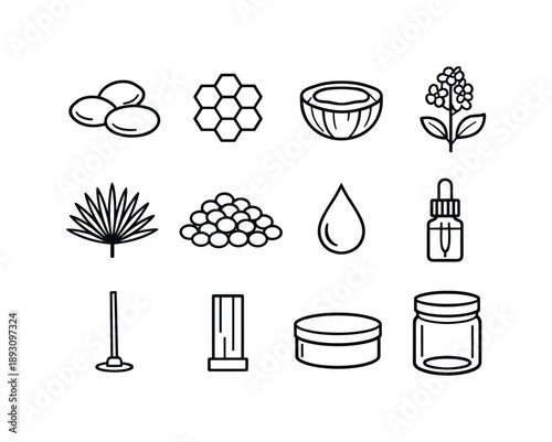 Natural Wax Icons. Natural wax candle materials. Line icon set of natural wax candle materials: soy beans, beeswax honeycomb, coconut shell, rapeseed plant,