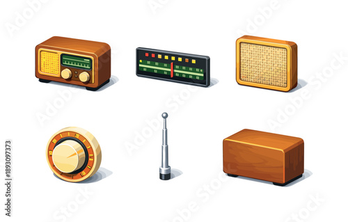 Retro Radio Icons. Retro Radio. Isometric flat vector icons set of Retro Radio: vintage tabletop radio, analog tuning dial, speaker grille front, rotary