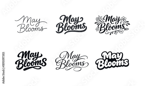 Diverse Lettering Styles. May blooms script lettering. Set lettering. harmonious lettering variations of the same emblematic concept, each with different