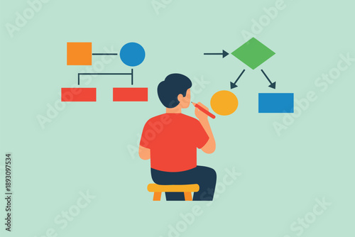 Man planning workflow with flowchart elements and pencil