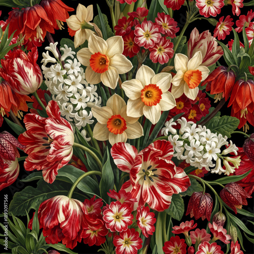 Seamless vector pattern with colorful spring garden flowers isolated on a changeable background. Vintage painting style illustration.