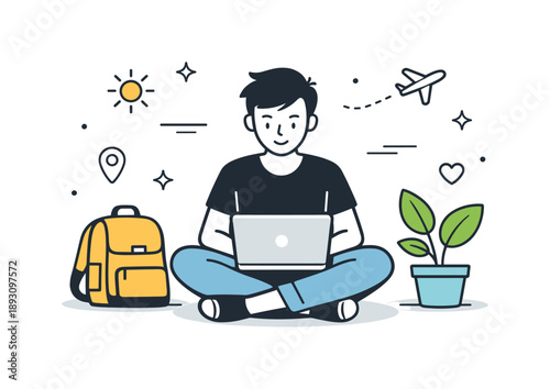 Digital Nomad Workspace. Digital nomad work. A person working remotely on a laptop with simple travel elements like a bag and plant nearby. Freedom and