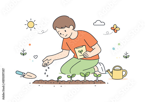 Mindful Growth Illustration. Seeds sprouting concept illustration. A character carefully planting seeds and watching small sprouts appear. The illustration