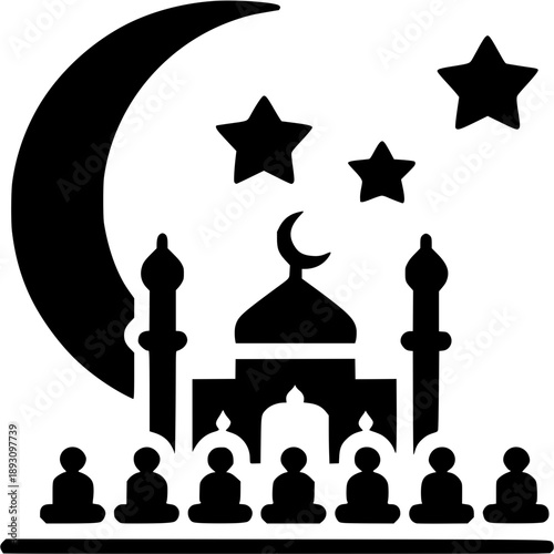 Night of worship in the Mosque: A serene and solemn scene unfolds beneath the starlit night sky, as silhouettes of worshippers gather before the majestic silhouette of a Mosque.