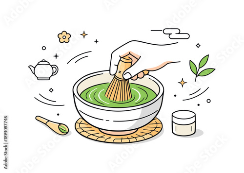 Mindful Matcha Whisking. Traditional matcha preparation. A hand holding a whisk inside a matcha bowl, gentle circular motion showing mindful preparation.