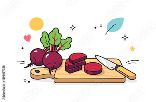 Beetroot Kitchen Scene. Seasonal beetroot ingredients. Beetroots paired with simple kitchen props like a knife and cutting board. Calm food preparation scene