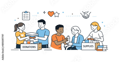 Student Volunteer Collaboration. Community service learning. Students collaborating on a volunteer project, organizing materials or assisting others. Calm