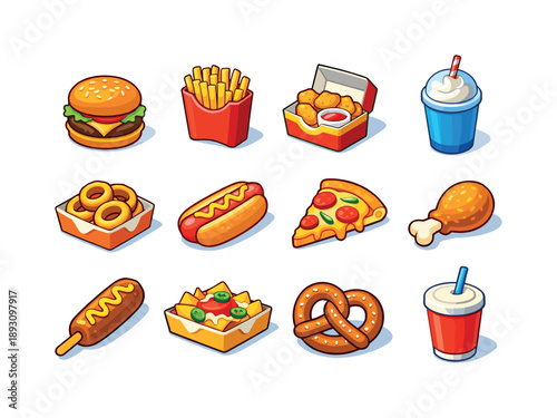 Isometric Fast Food Icons. fast food. Colorful isometric vector icons set of fast food: cheeseburger, fries pack, chicken nuggets, milkshake cup, onion rings,