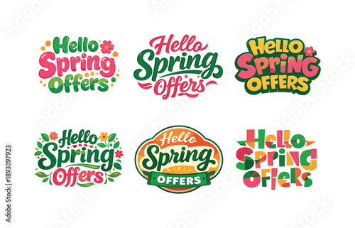 Spring Lettering Collection. Hello Spring Offers. Set lettering. harmonious lettering variations of the same emblematic concept, each with different artistic
