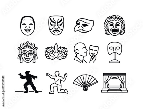 Traditional Mask Icons. Traditional Masked Theater. Line icon set of Traditional Masked Theater: Noh mask, Kabuki mask, Commedia dell'arte mask, Greek mask,