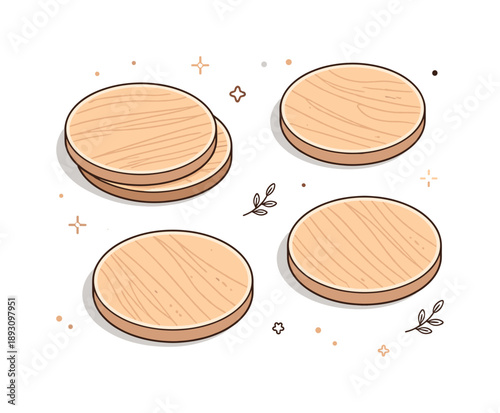 Minimalist Wooden Coasters. Wooden coasters minimal. A top-down view of wooden coasters arranged in a simple pattern, emphasizing natural materials and